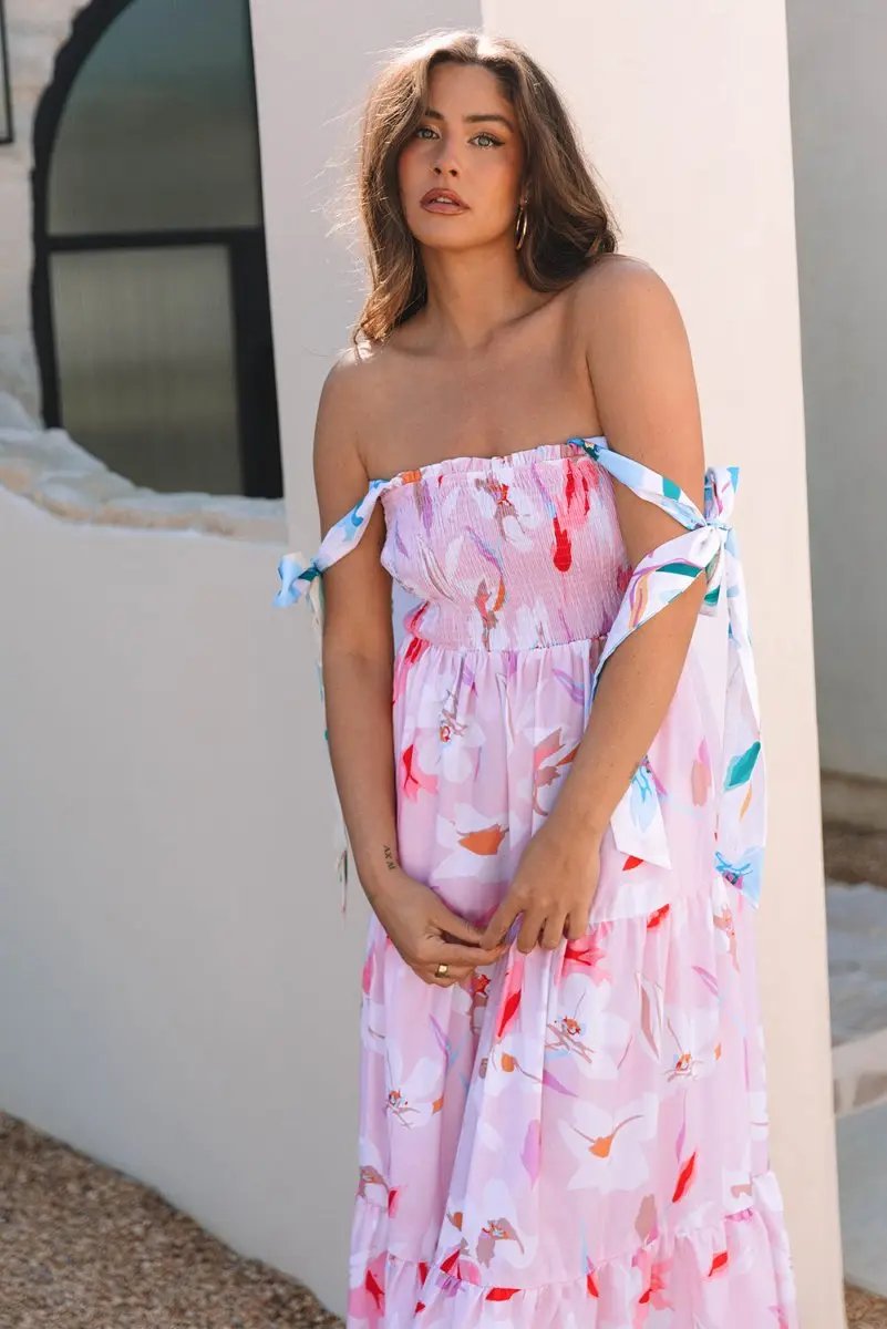 Pink Floral Print Knotted Shoulder Smocked Maxi Dress - Love Salve